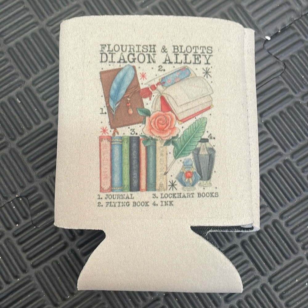 Flourish and Blotts Diagon Alley drink coozie
